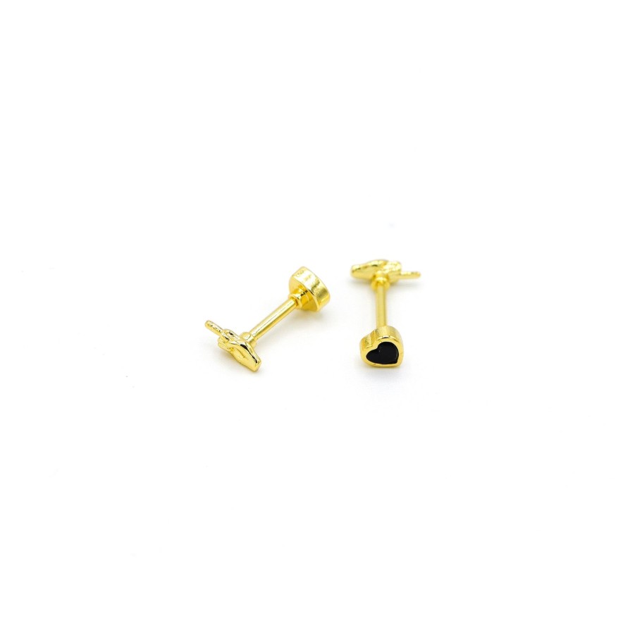 Earrings JinMao | Twin Flame Studs Middle Finger / Black Heart Yellow Gold